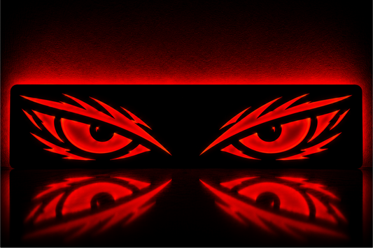 Plaque pare-brise camion LED personnalisée représentant deux yeux lumineux. Couleurs et modes d'éclairage modifiables avec la télécommande. Décoration cabine camion USB fabriquée sur mesure.