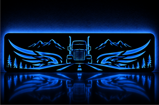 Plaque pare-brise décorative LED représentant un camion de face avec des ailes, des montagnes